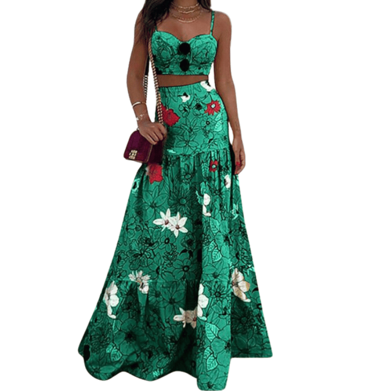 Conjunto Feminino Saia Longa e Top Flores Verde - Vilumagazine