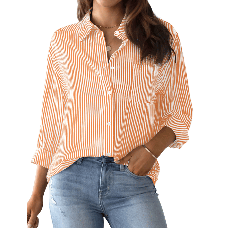 Camisa Feminina Estampa Clássica Listrada Laranja - Vilumagazine