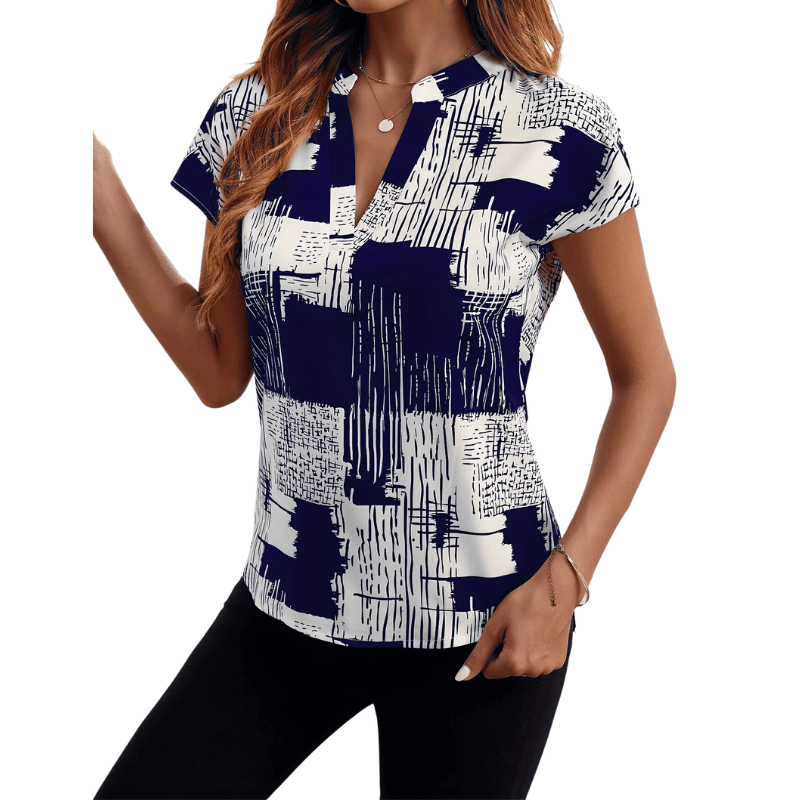 Camisa Feminina com Decote em V e Manga Curta Azul Marinho - Vilumagazine