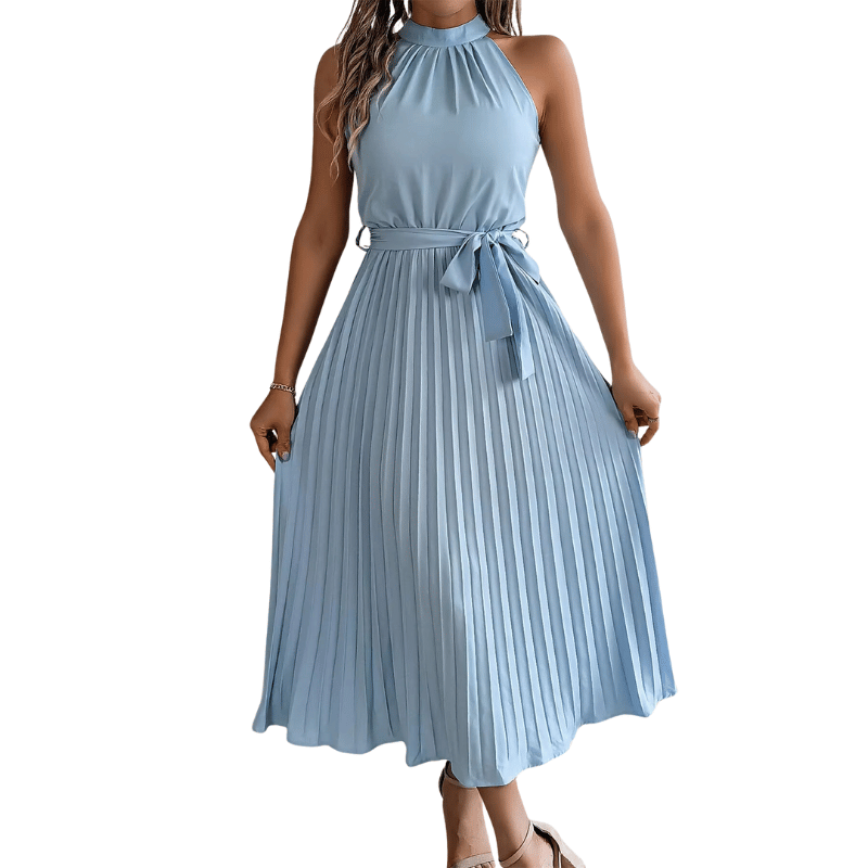 Vestido Midi de Verão Sem Mangas Plissado Azul - Vilumagazine