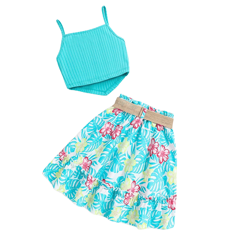 Conjunto Infantil Top e Saia Estampada com Cinto Azul - Vilumagazine