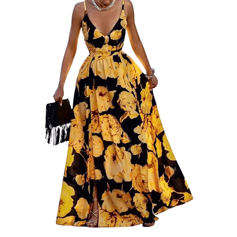 Vestido Estampado de Verão Evasê Amarelo e Preto- Vilumagazine