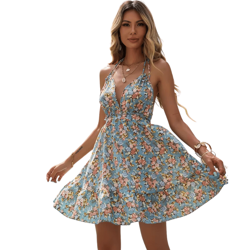 Vestido Curto de Verão Estampa Floral Azul - Vilumagazine