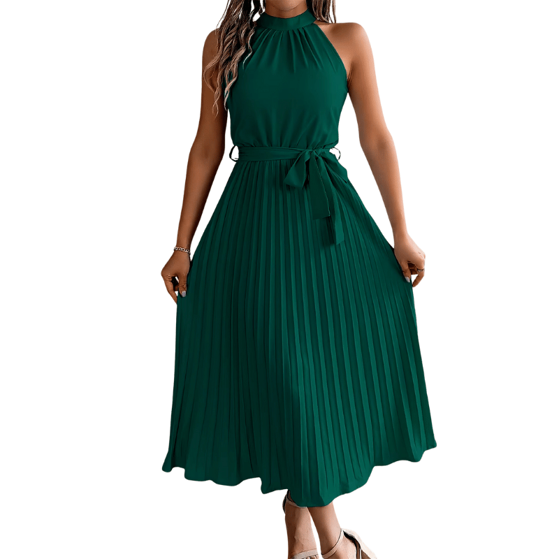 Vestido Midi de Verão Sem Mangas Plissado Verde - Vilumagazine