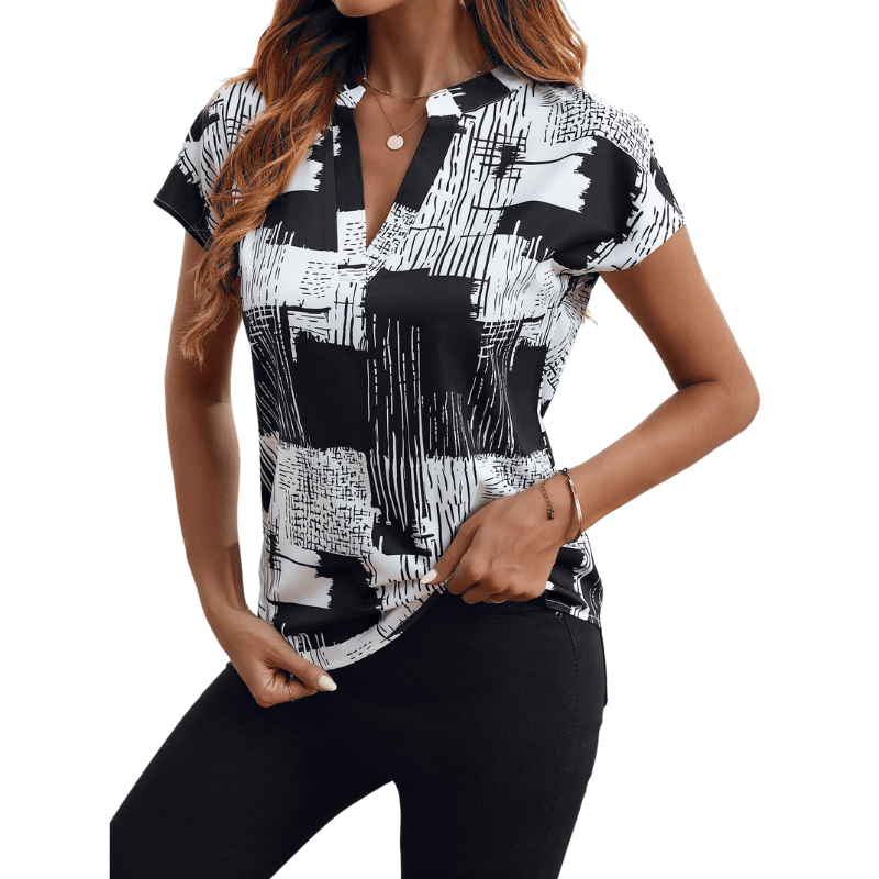 Camisa Feminina com Decote em V e Manga Curta Preta - Vilumagazine