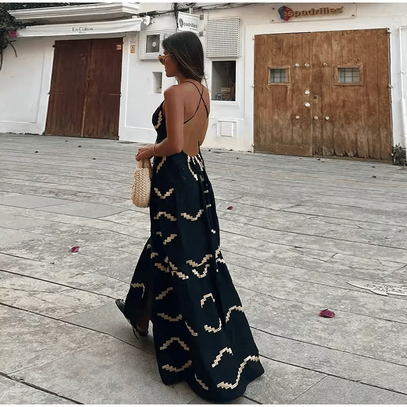 Vestido Longo Estampado Sem Mangas Preto - Vilumagazine