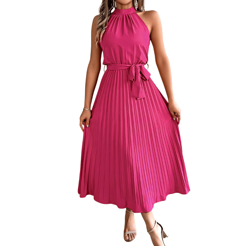 Vestido Midi de Verão Sem Mangas Plissado Rosa - Vilumagazine