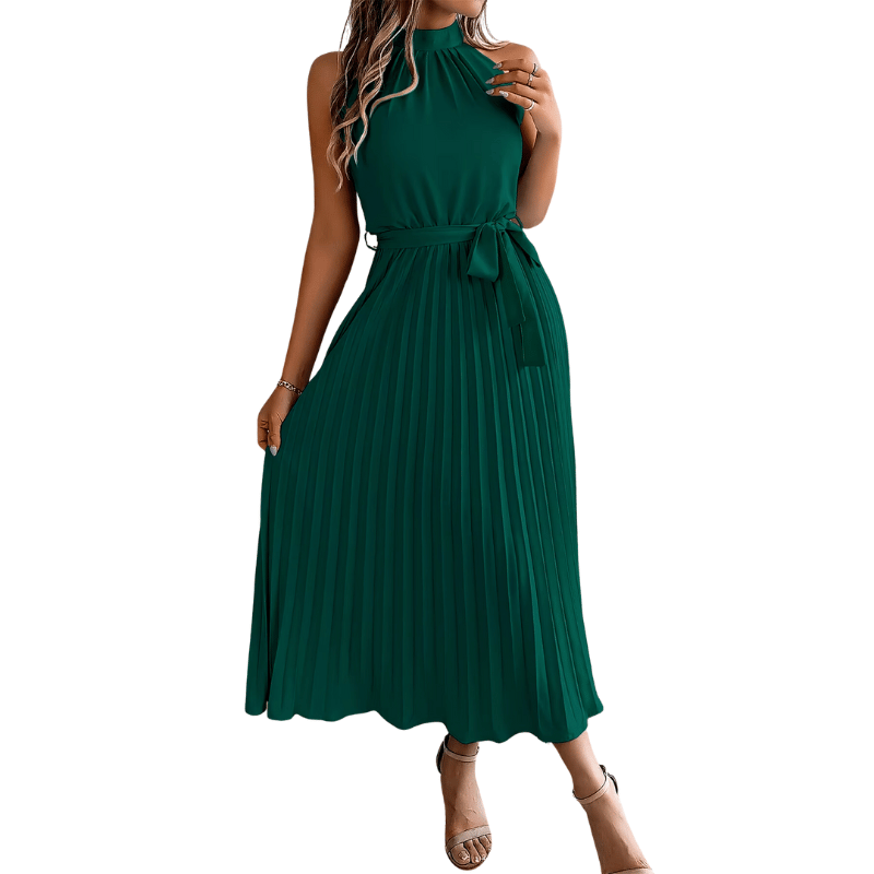 Vestido Midi de Verão Sem Mangas Plissado Verde - Vilumagazine