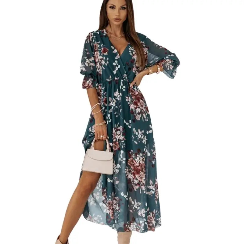 Vestido Longo Casual Meia Manga Floral Verde - Vilumagazine