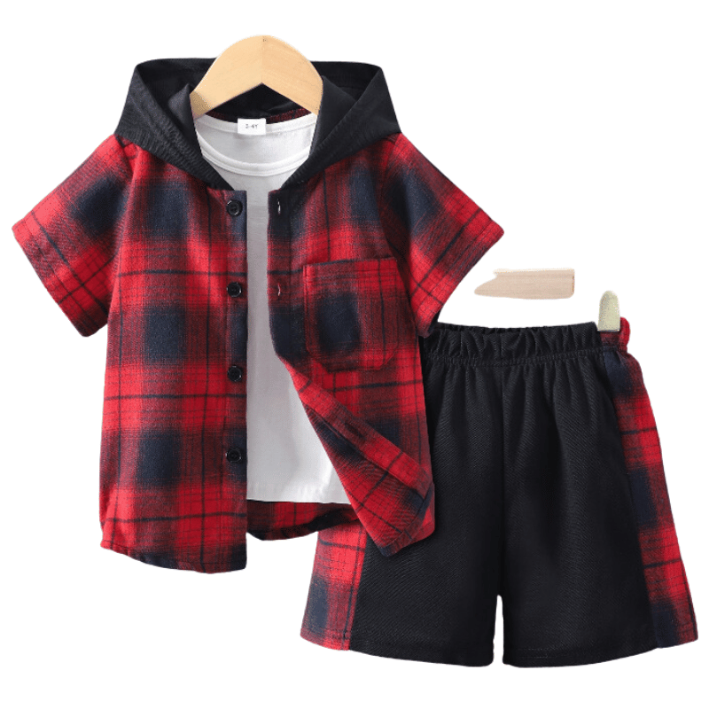 Conjunto Infantil Para Meninos Camisa com Capuz e Bermuda 2Pcs Preto e Vermelho- Vilumagazine