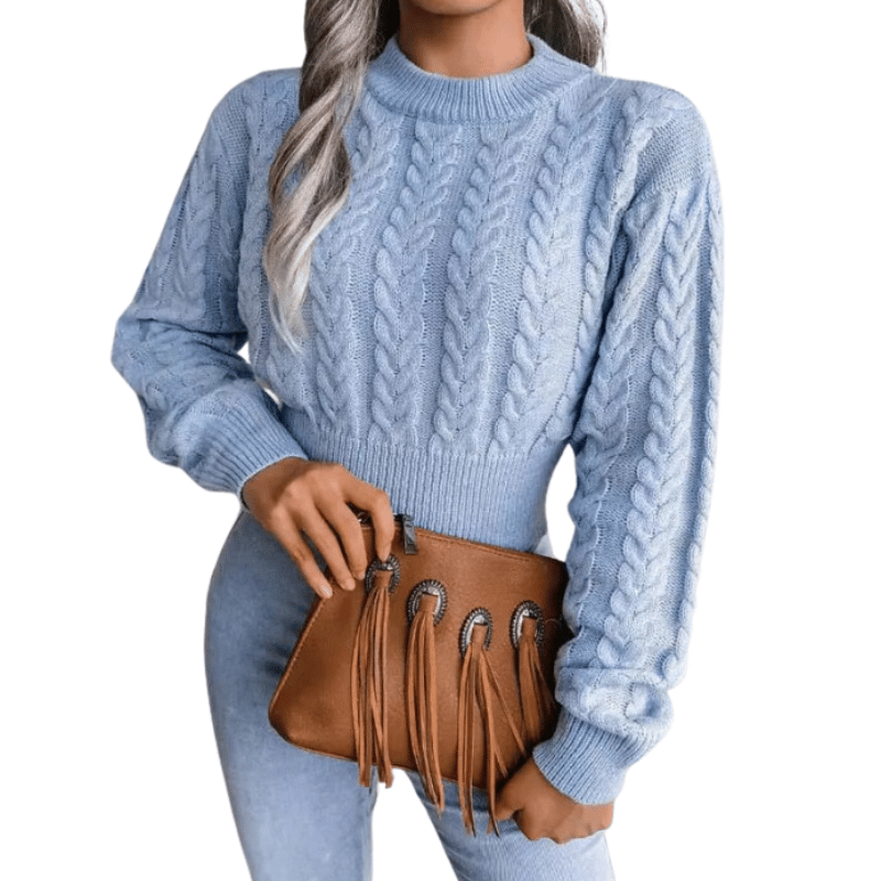 Blusa de Malha Manga Longa Feminina Casual Azul-Vilumagazine