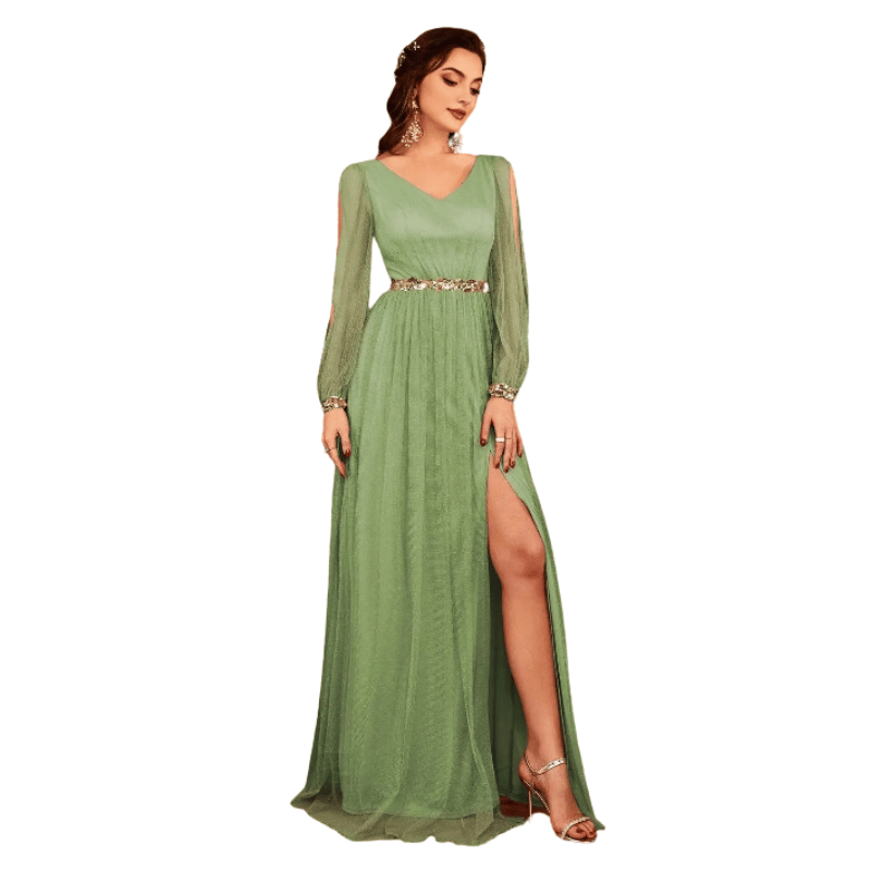 Vestido de Noite Leve e Elegante com Fenda Verde - Vilumagazine