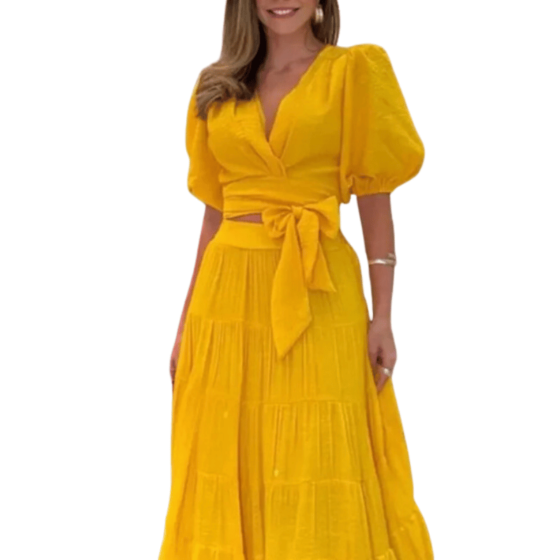 Conjunto Feminino Chique Top e Saia Longa Amarelo - Vilumagazine