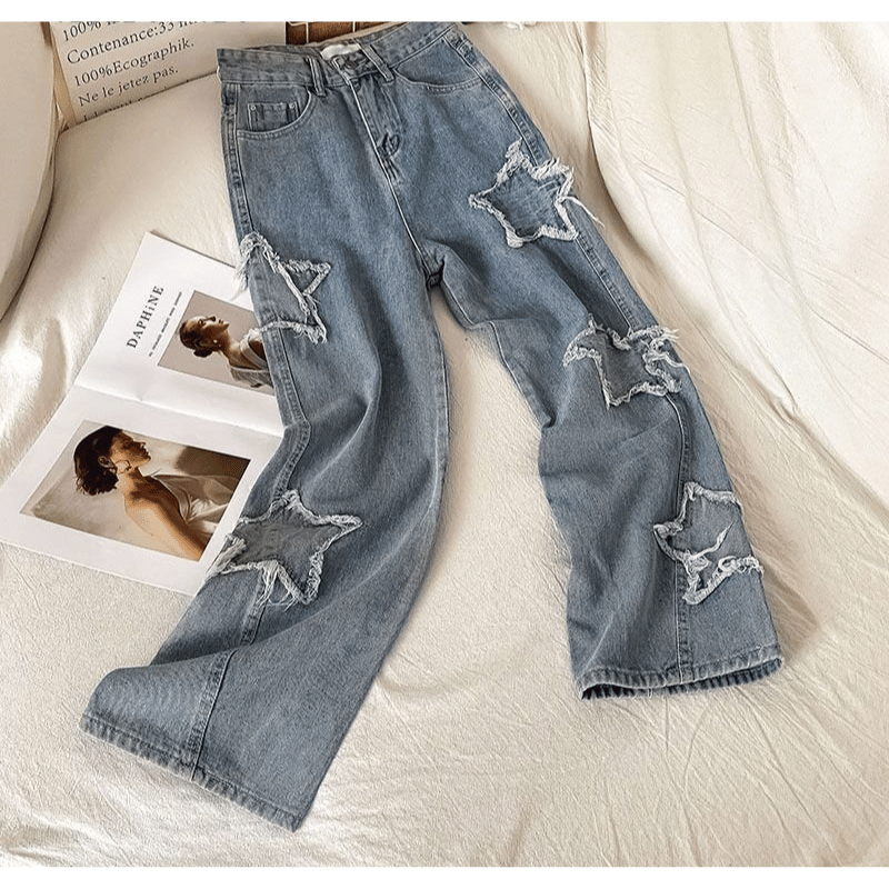 Calça Jeans Feminina Larga com Estampa de Estrela