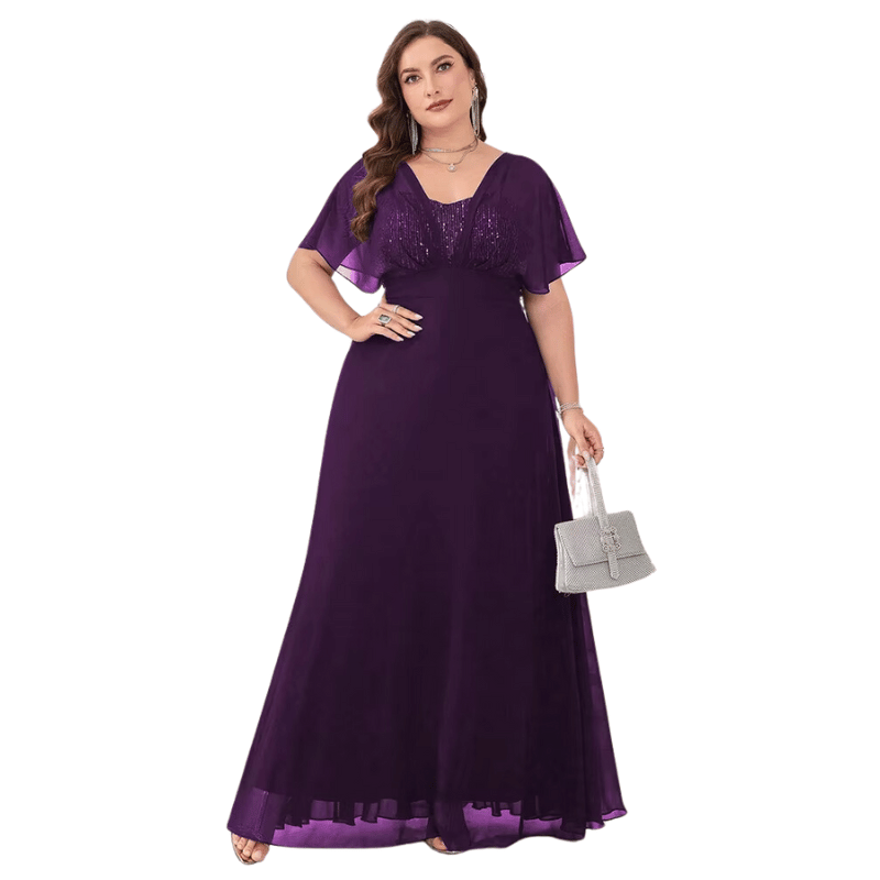 Vestido Longo de Chiffon com Decote em V e Lantejoulas Roxo - Vilumagazine