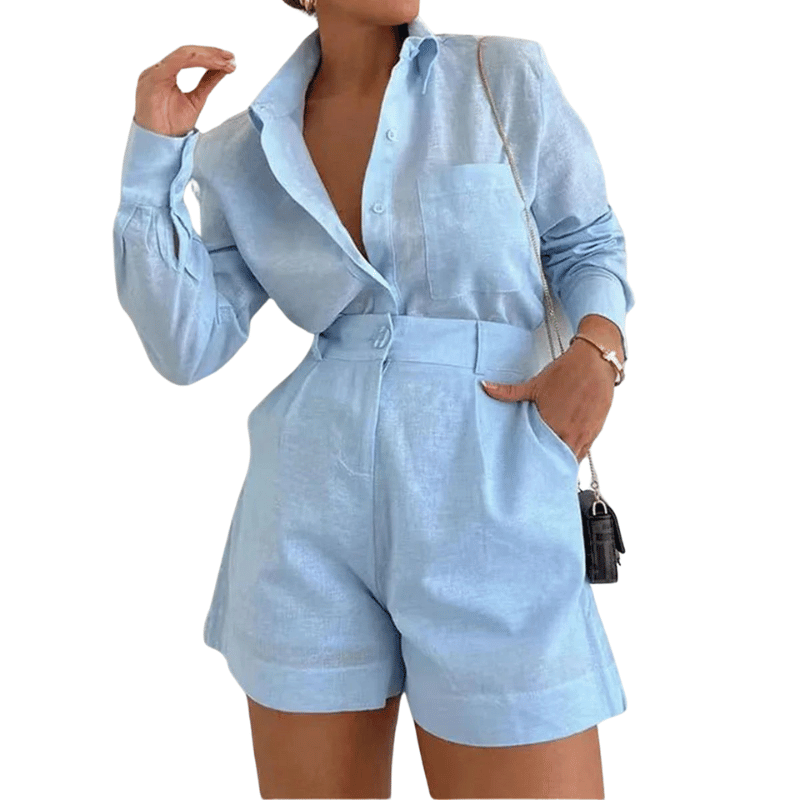 Conjunto Feminino de Shorts Cintura Alta e Blusa de Manga Longa Azul - Vilumagazine