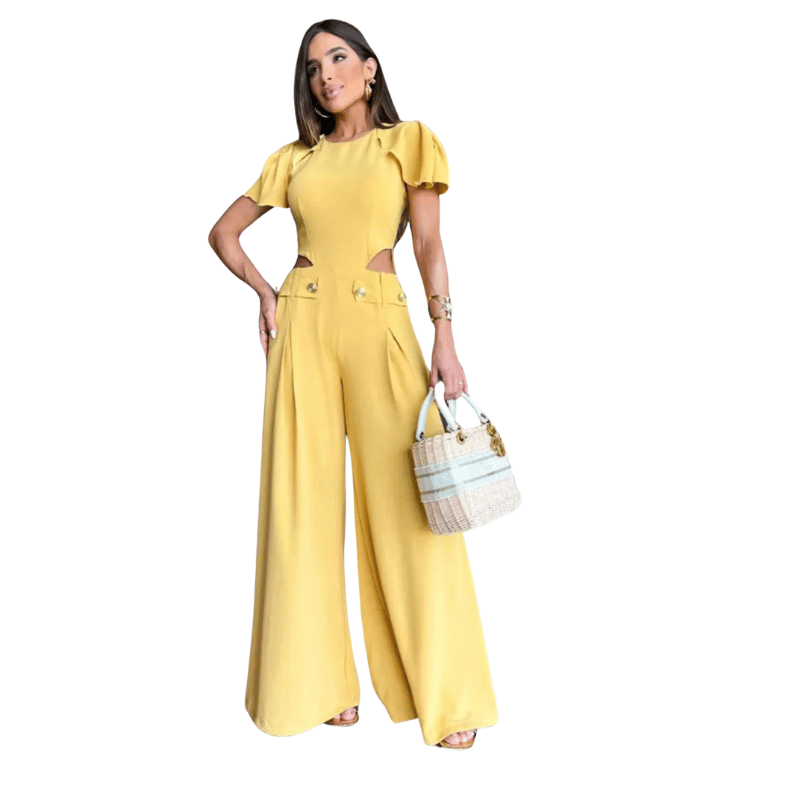 Macacão Feminino Elegante Manga Borboleta Amarelo - Vilumagazine