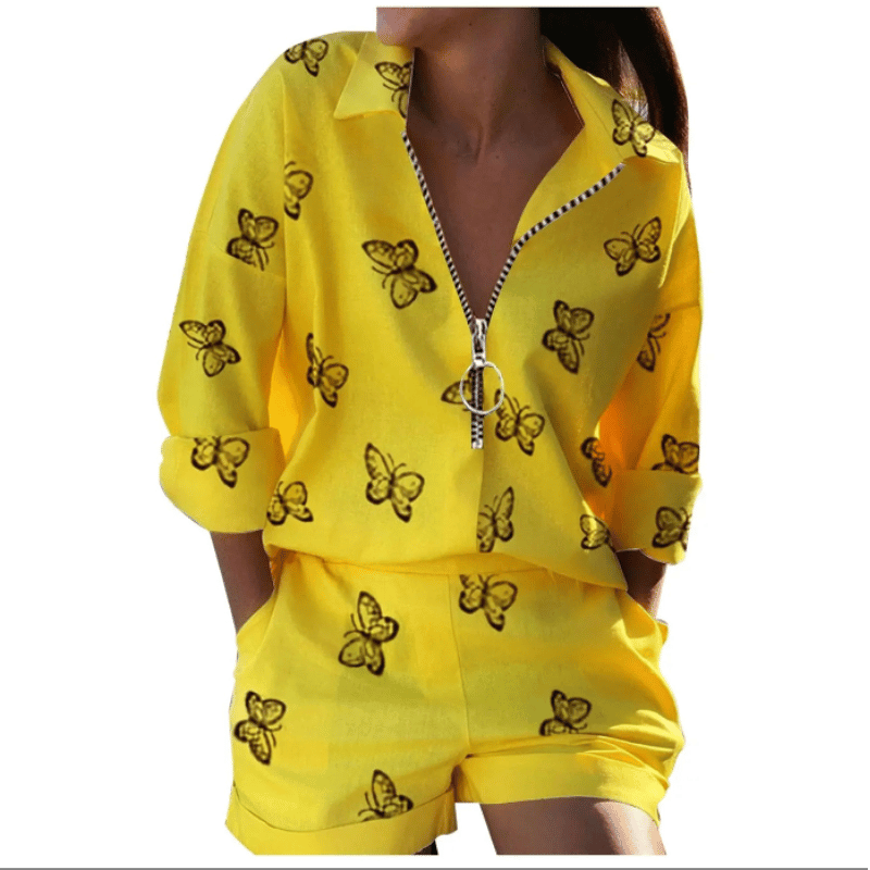 Conjunto de Camisa Manga Comprida e Shorts Feminino Amarelo Borboleta - Vilumagazine