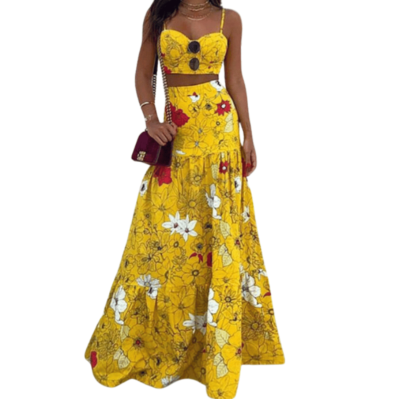 Conjunto Feminino Saia Longa e Top Flores Amarelo - Vilumagazine