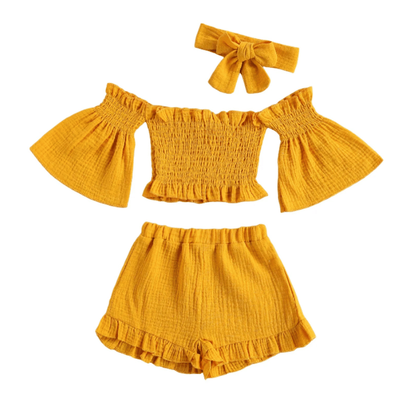 Shorts, Top e Bandana Infantil Moda Verão Amarelo - Vilumagazine