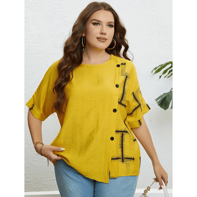 Camiseta VerãoEstilo Casual Plus Size - Amarela - Vilumagazine