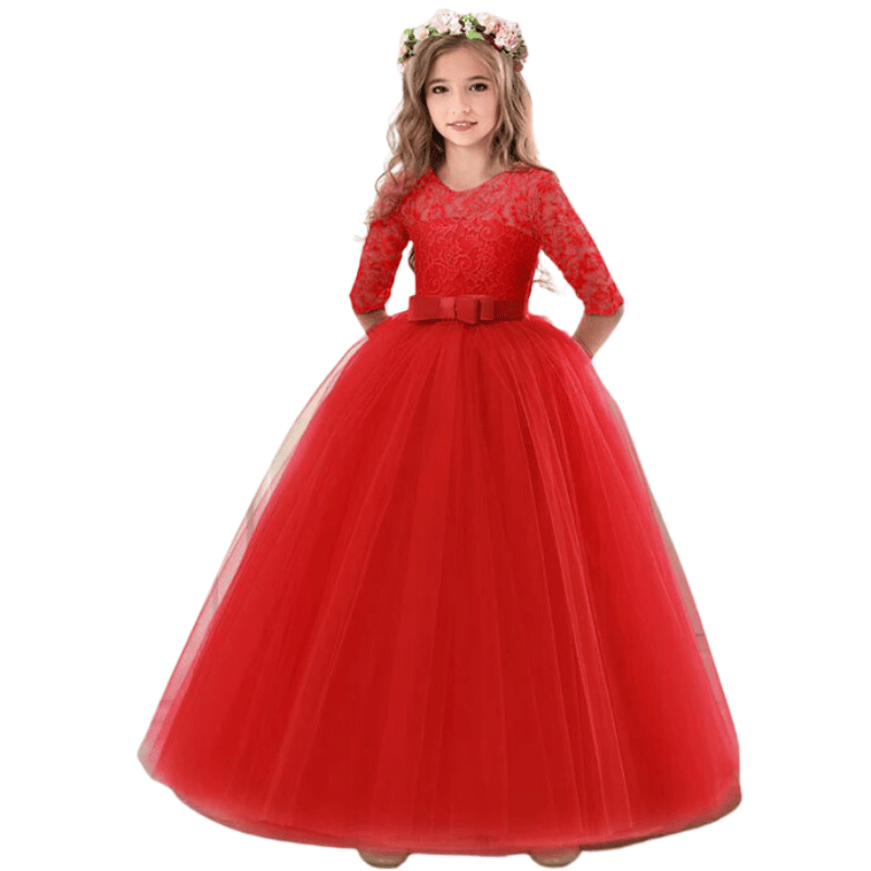 Vestidos infantil de Renda Longo Cintura Alta Vermelho - Vilumagazine