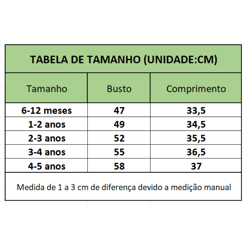 Maiô Infantil Flamingo com Babados Tabela de Medidas - Vilumagazine