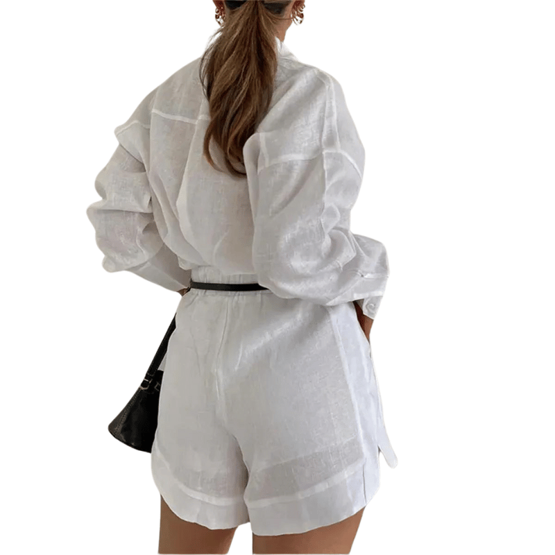 Conjunto Feminino de Shorts Cintura Alta e Blusa de Manga Longa Branco - Vilumagazine