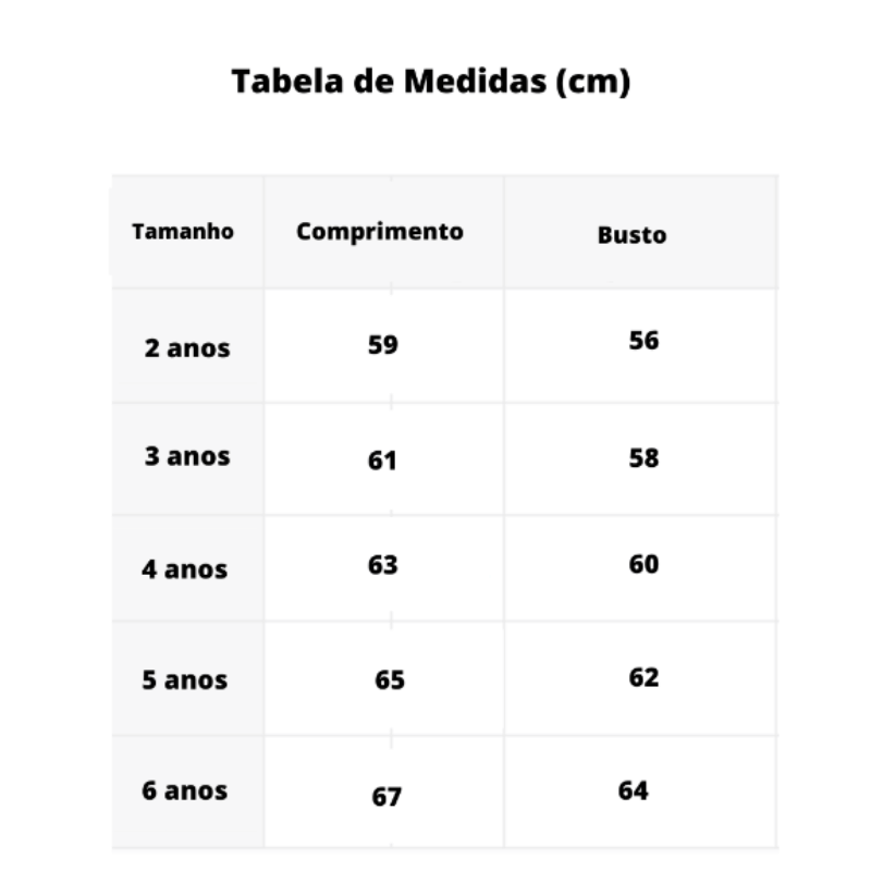 Macacão Denim sem Mangas Infantil Tabela de Medidas- Vilumagazine