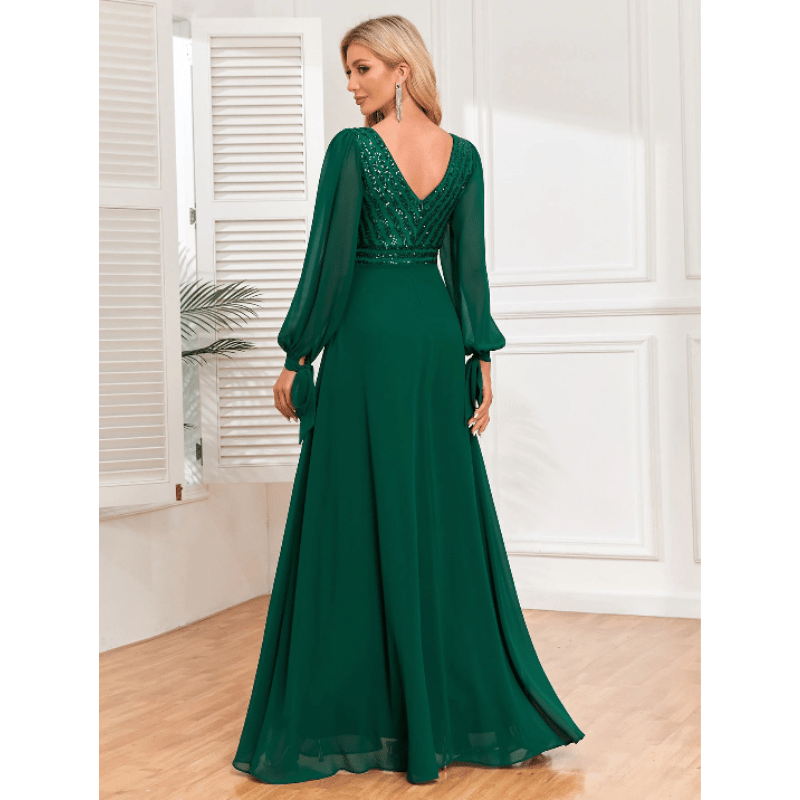 Vestido Noite Maxi com Lantejoulas Manga Longa Verde - Vilumagazine