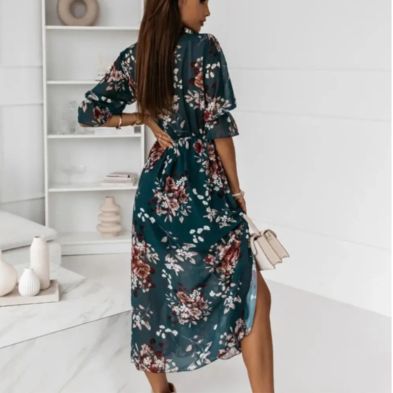 Vestido Longo Casual Meia Manga Floral Verde - Vilumagazine