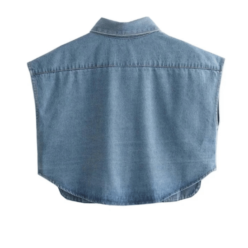 Camisa Curta Feminina Com Bolsos Jeans Sem Mangas Azul Claro - Vilumagazine