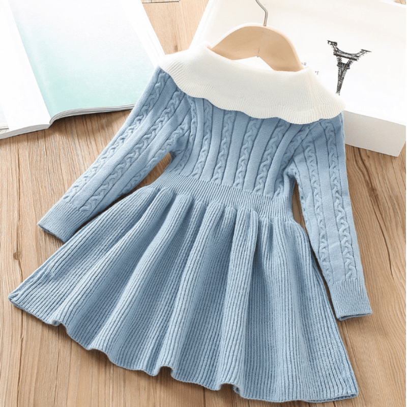 Vestido Inverno De Tricô Manga Longa Infantil Azul - Vilumagazine