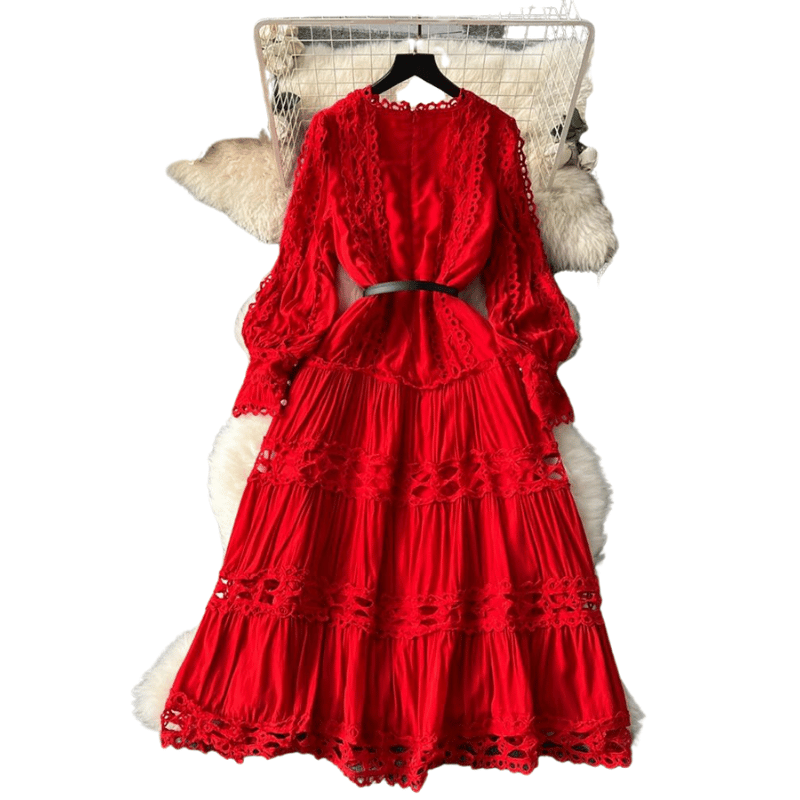 Vestido Feminino Estilo Doce com Recortes Vazados Vermelho - Vilumagazine