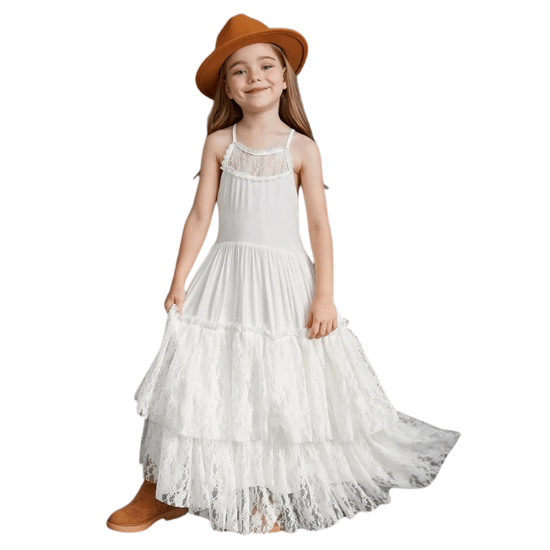 Vestido Infantil Longo de Renda Princesa Sem Mangas Branco - Vilumgazine