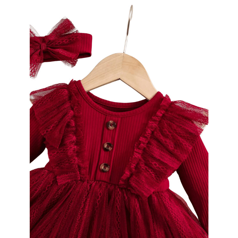 Vestido Infantil Romântico de Malha com Laço de Cabeça Vermelho - Vilumagazine