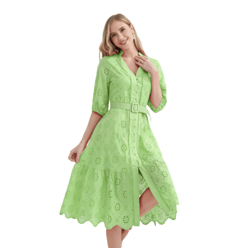 Vestido de Verão Casual e Elegante com Detalhes Vazados Verde - Vilumagazine