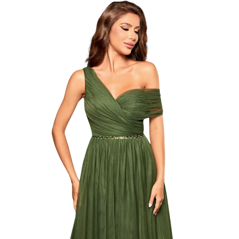 Vestido de Festa com Um Ombro e Saia de Tule Verde Militar - Vilumagazine