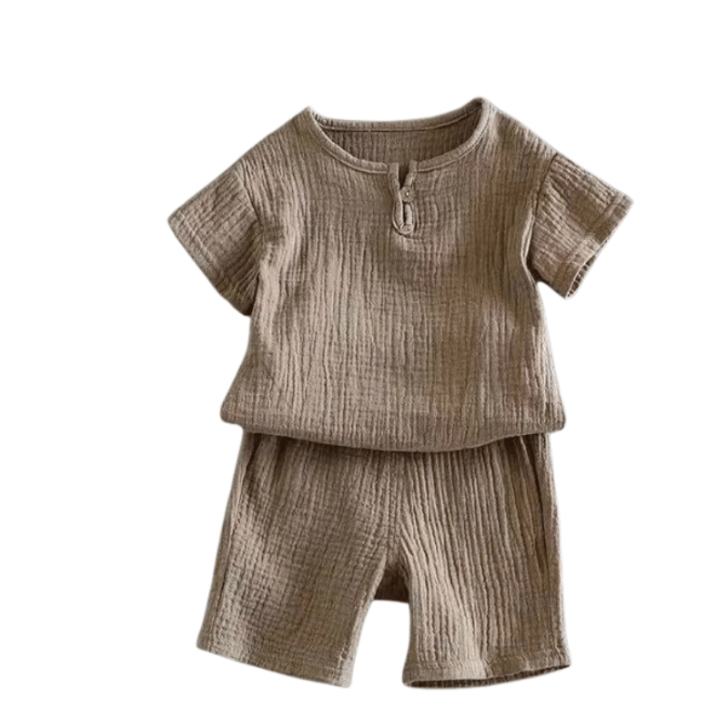 Camiseta e Shorts Infantil Casual Linho e Algodão - Cáqui -Vilumagazine