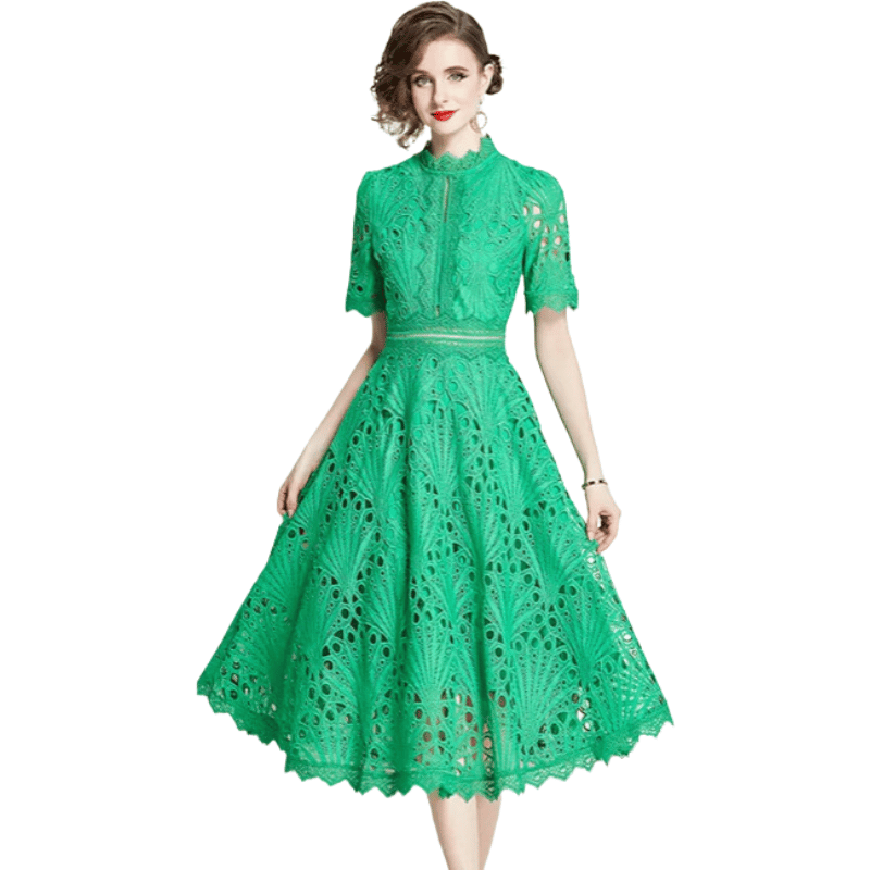 Vestido Vintage Renda Vazada Elegante Verde- Vilumagazine