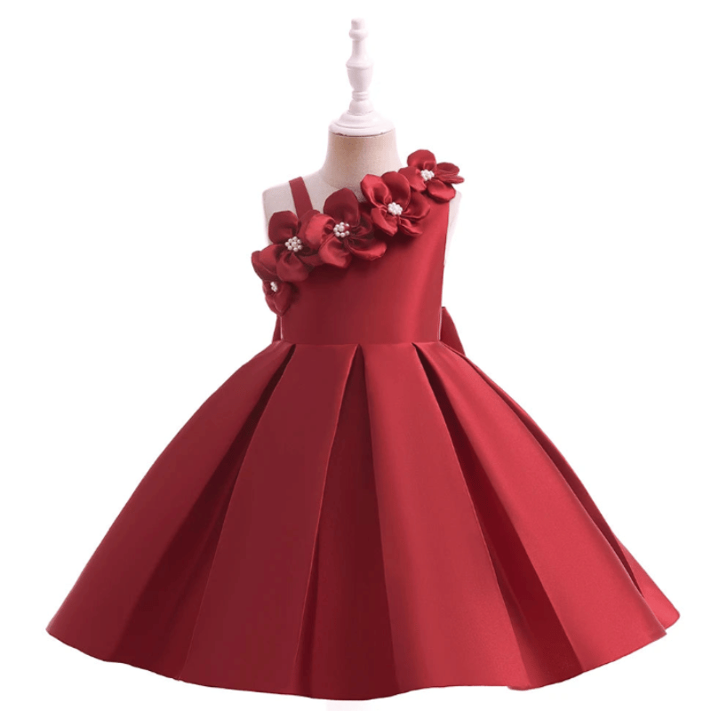 Vestido de Festa Infantil Laço e Flores Vermelho Escuro - Vilumagazine