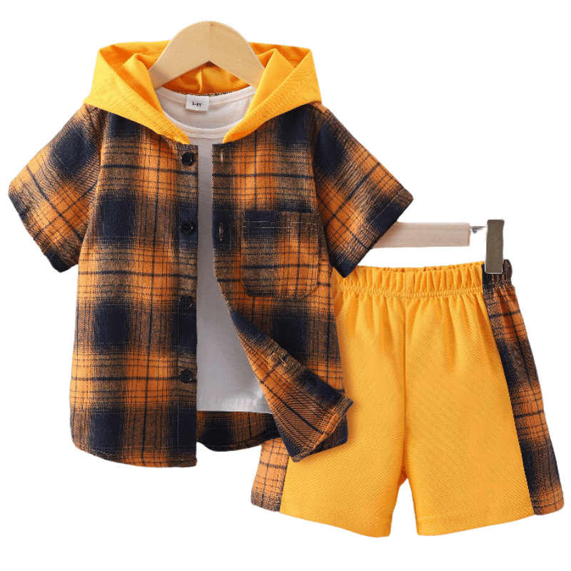 Conjunto Infantil Para Meninos Camisa com Capuz e Bermuda 2Pcs Amarelo e Marrom - Vilumagazine