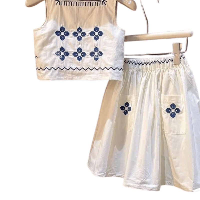 Conjunto Infantil Top e Saia com Bordado Floral - Branco - Vilumagazine