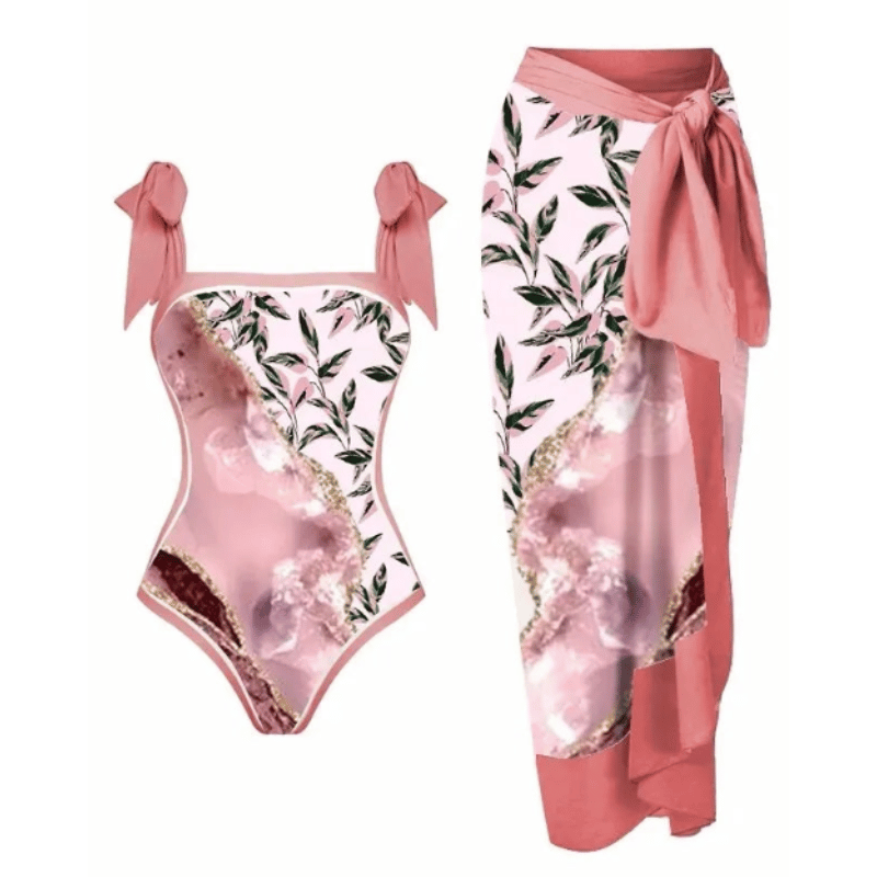 Conjunto de Maiô e Saída de Praia Moda Verão - Rosa Floral - Vilumagazine