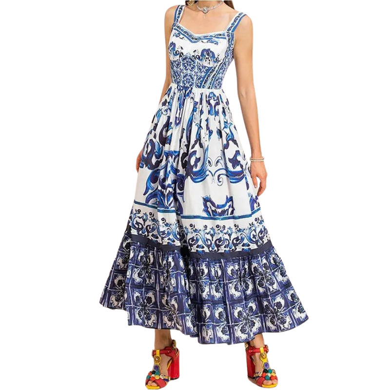 Vestido Estampado Midi Porcelana Azul - Vilumagazine