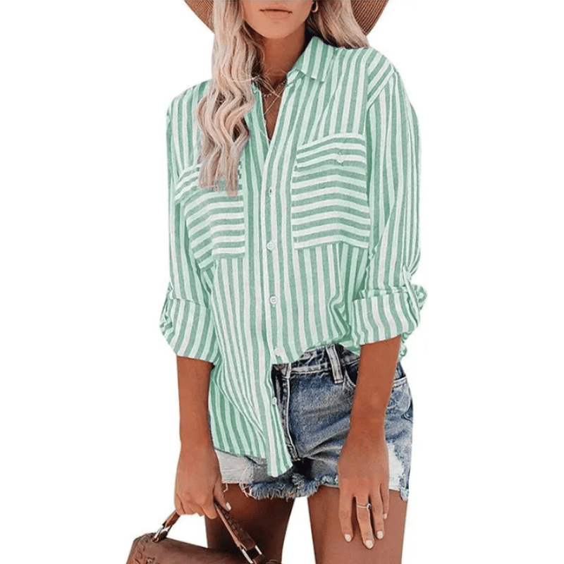 Camisa Feminina Listrada Manga Longa Verde - Vilumagazine