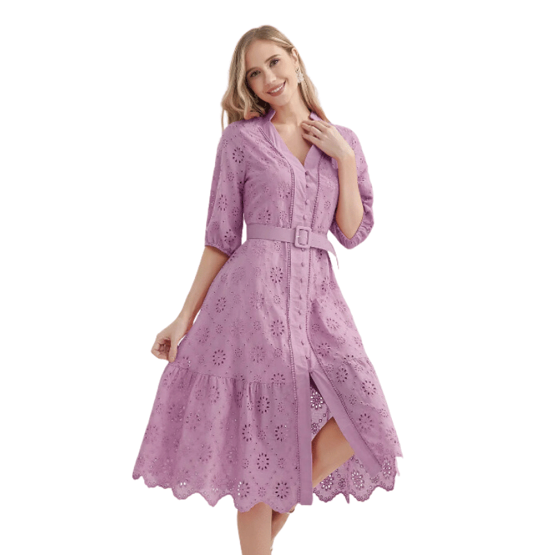 Vestido de Verão Casual e Elegante com Detalhes Vazados Roxo - Vilumagazine