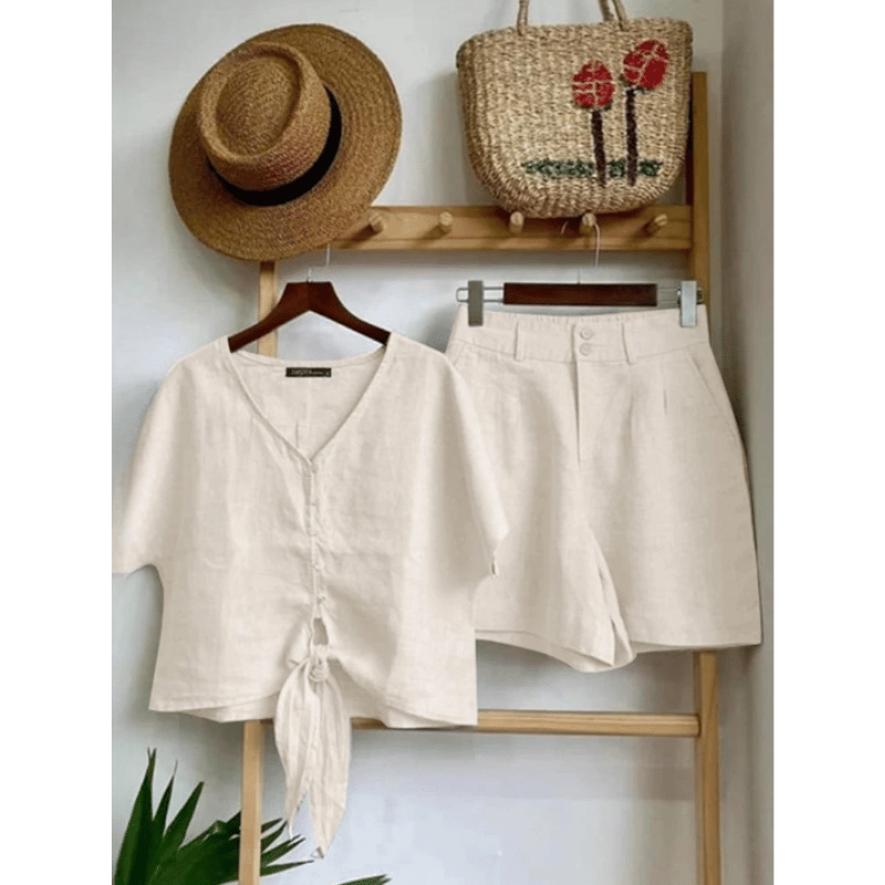 Conjunto Feminino Casual Blusa e Shorts Bege - Vilumagazine