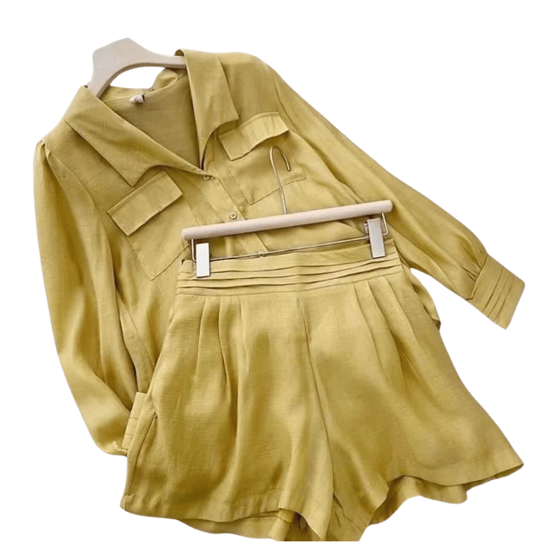 Conjunto Fashion Camisa Manga Longa E Shorts Amarelo - Vilumagazine