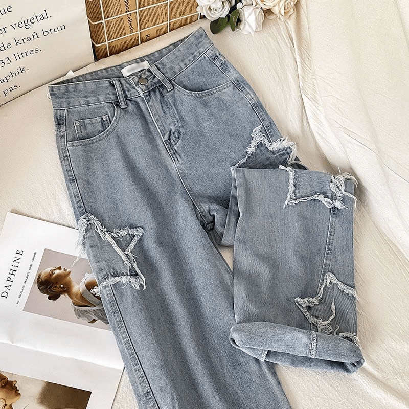 Calça Jeans Feminina Larga com Estampa de Estrela